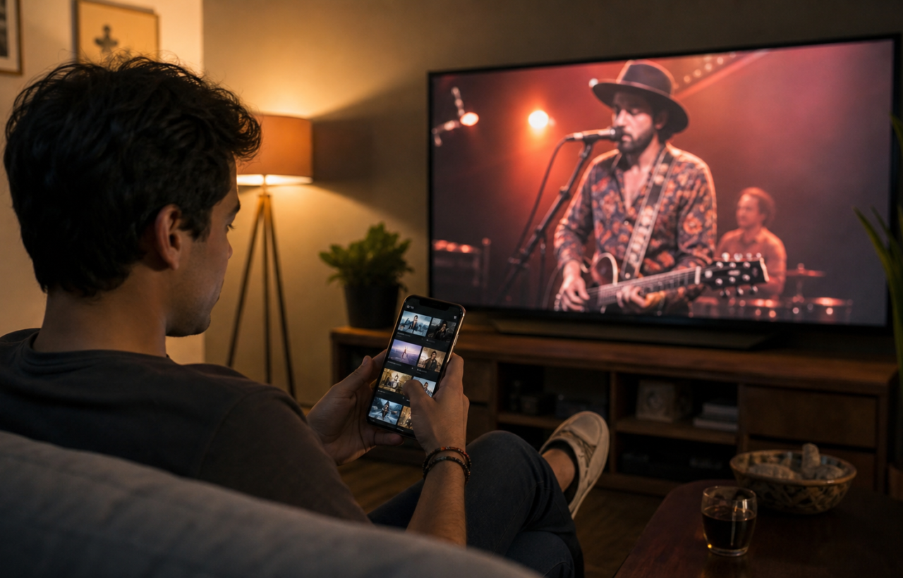 Persona mira una presentación musical en televisión conectada mientras explora contenido desde su teléfono