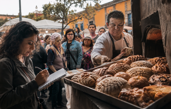 Personas y panaderos en el Festival del Pan Dulce Mexicano en Coyoacán, con una charola de panes recién horneados y una investigadora tomando notas